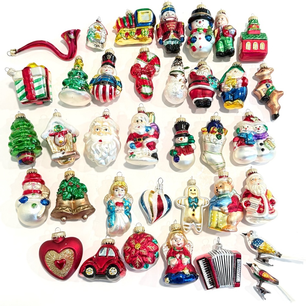 Huge Lot Of Glass Blown Ornaments Santa Church Bells Trees Birds Thomas Pacconi